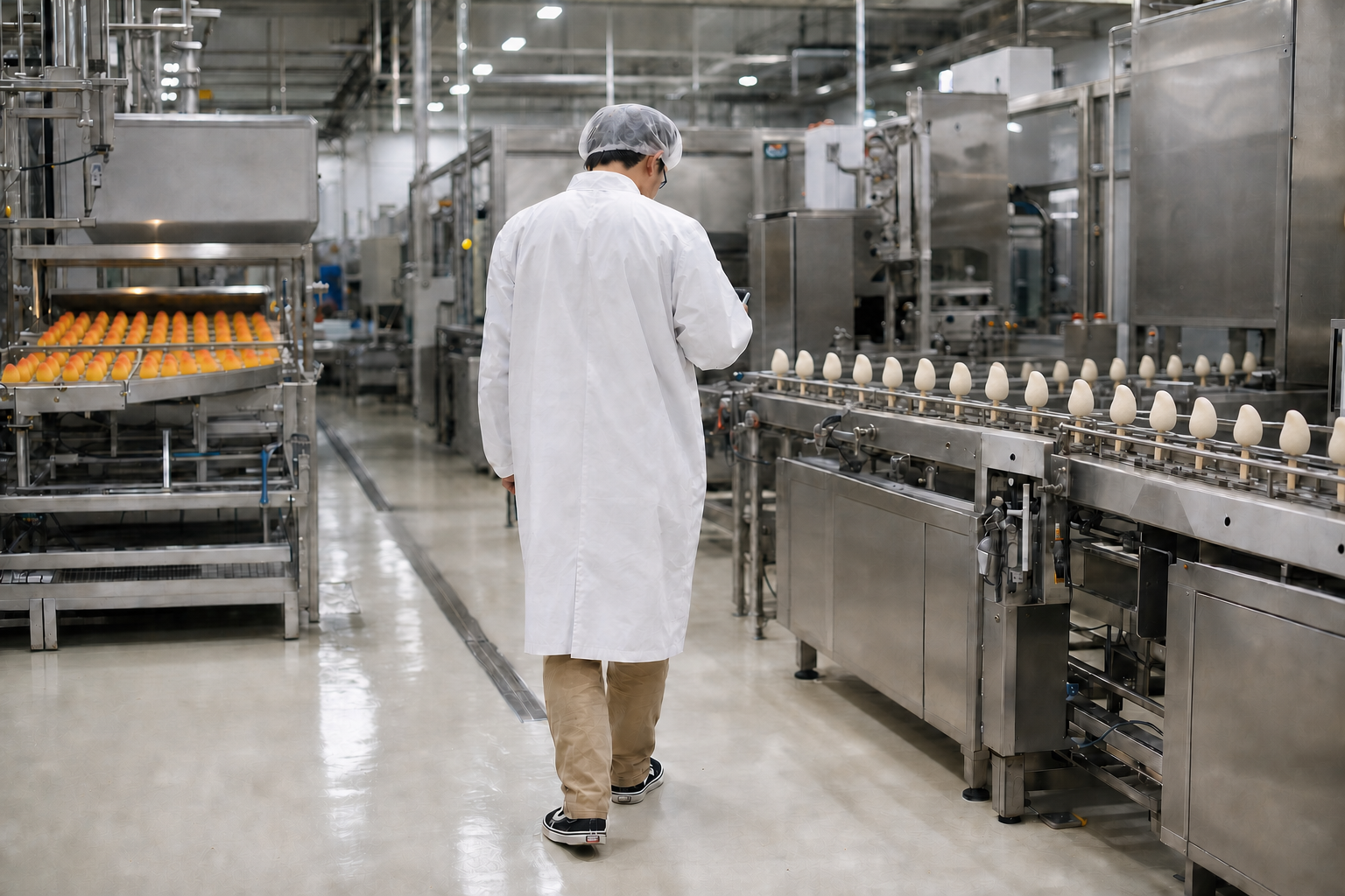 A production specialist inspecting frozen dessert lines in a modern manufacturing facility