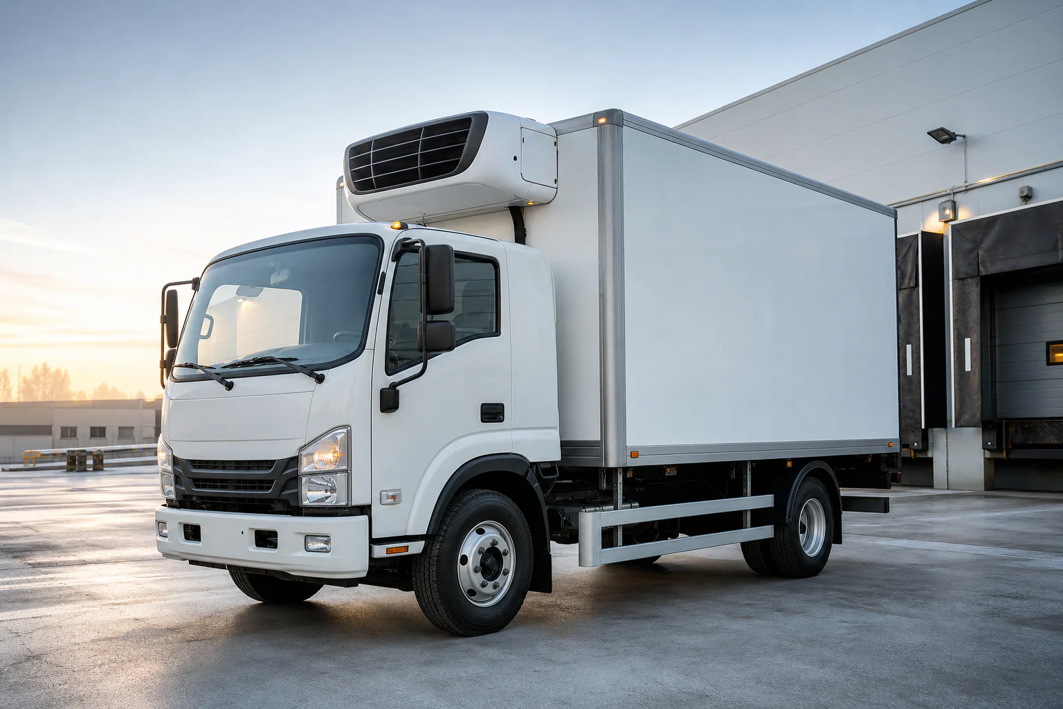 Refrigerated reefer truck at a frozen-food distribution facility